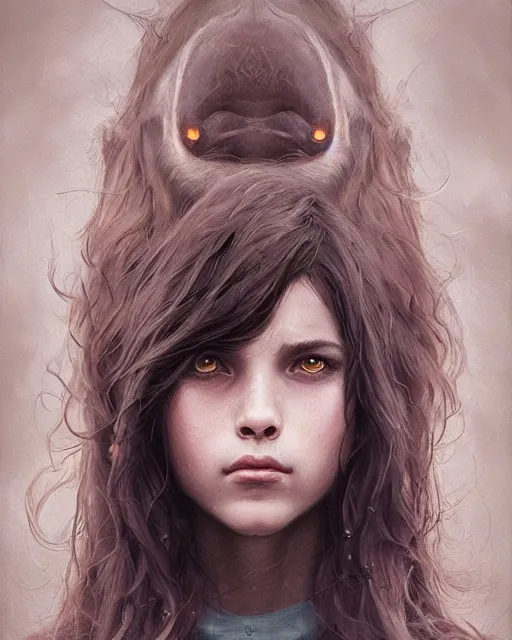 Image similar to symmetry!! portrait of 1 5 - year - old girl with voluminous bushy brown hair, large front teeth, and bright piercing brown eyes, hyper realistic face, beautiful eyes, fantasy art, in the style of greg rutkowski, intricate, hyper detailed, smooth