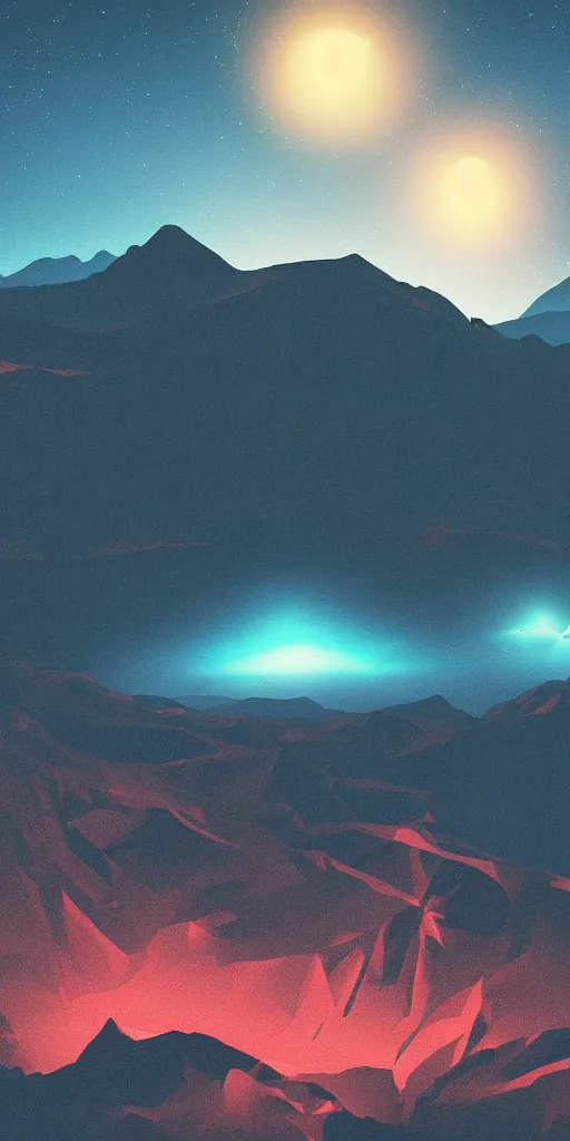 Image similar to a beautiful neon alien landscape, mountains, nighttime, ambient lighting