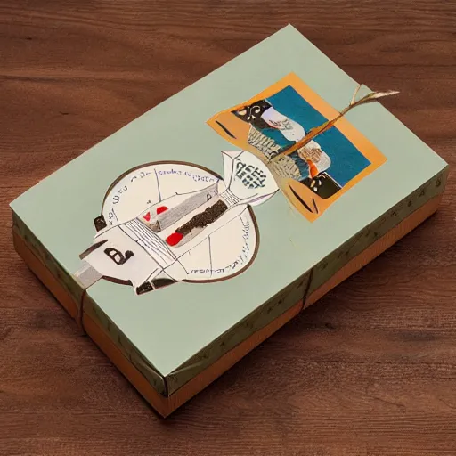 Prompt: vintage craft paper gift box for men, old school, wes anderson style