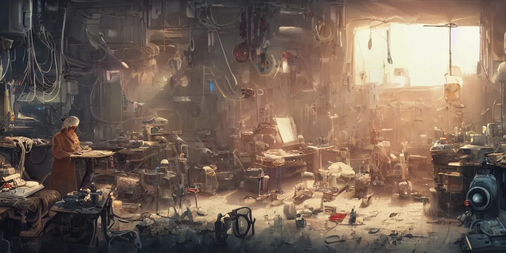 Prompt: an environmental concept art of an elderly woman cyberneticist in a cluttered workshop, surgical implements, surgery theatre, robotic arm, blood spatter, highly detailed, cinematic, dramatic, cyberpunk, dieselpunk, scifi space station, horror, bladerunner 2 0 4 9