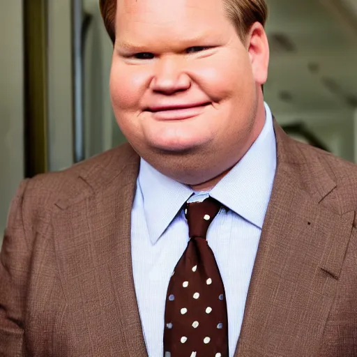 Image similar to Andy Richter is wearing a chocolate brown suit and necktie and is in a bedroom with a window letting in bright morning sunlight. Andy is sitting upright in a bed and is stretching his arm. His mouth his wide open as he yawns.