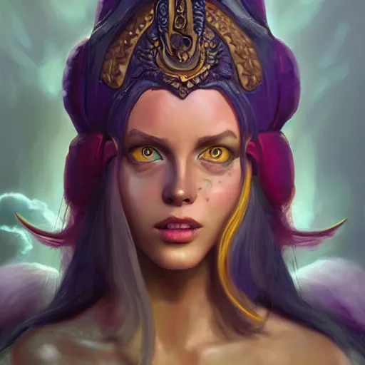 Prompt: a hyperrealistic fantasy illustration of a beautiful alien High-Priestess. Trending on ArtStation. In the style of Jason Chan, Tuomas Korpi and WLOP. Epic fantasy art.