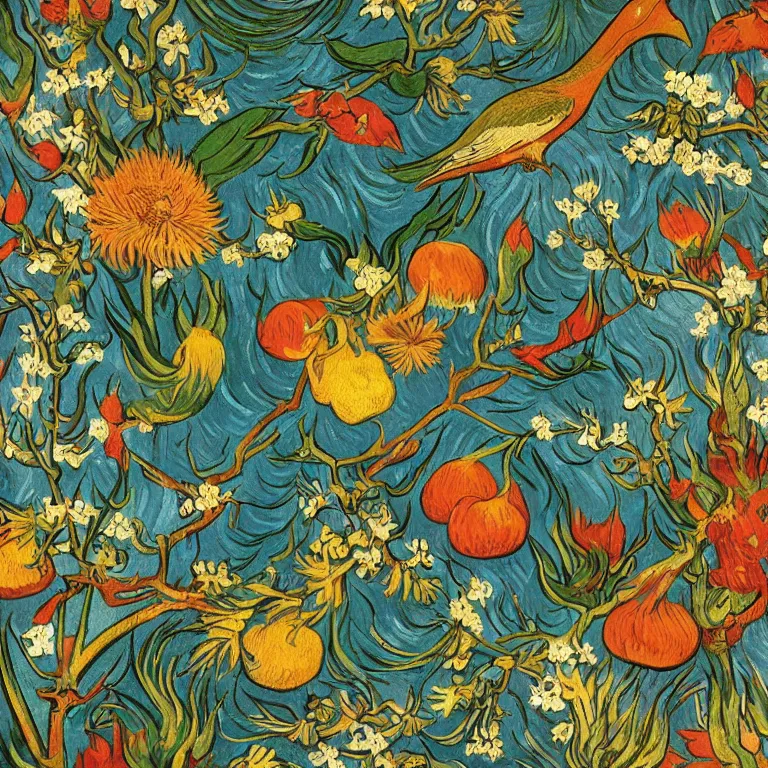 Prompt: illustration pattern background with bizarre compositions and blend of flowers, fruits, birds by beto val and john james audubon, exquisite detail, extremely moody lighting, neon colors, 8 k painted by van gogh