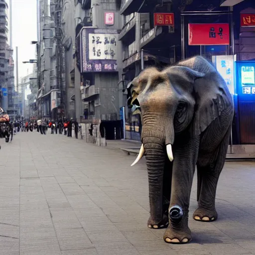 Image similar to an elephant on the streets of shanghai, cyberpunk, futuristic