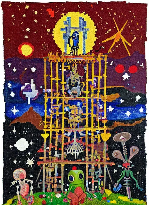 Image similar to pixel decollage painting tarot lovers card composition tower of babel road red armor maggot bear and wonky alien frog skeleton knight on a horse in a dark red cloudy night sky with golden foil jewish stars and diamonds, mountain lake and blossoming field in background, painted by Mark Rothko, Helen Frankenthaler, Danny Fox and Hilma af Klint, pixelated, neo expressionism, semi naive, pastel colors, cinematic, color field painting, cave painting, voxel, pop art look, outsider art, minimalistic. Bill Traylor painting, part by Philip Guston, Amano and Francis Bacon. art by Adrian Ghenie and Storm Thorgerson, very coherent symmetrical artwork, cinematic, hyper realism, high detail, octane render, unreal engine, Smooth gradients, depth of field, full body character drawing, extremely detailed, 8k, extreme detail, intricate detail, masterpiece