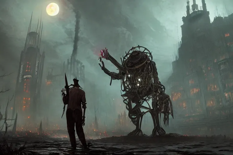 Prompt: an ultra matte painting of a big daddy from bioshock in the style of bloodborne, bioshock, concept art by alphonse mucha and greg rutkowski, scary shadows, blood moon eclipse, octane render, liminal space