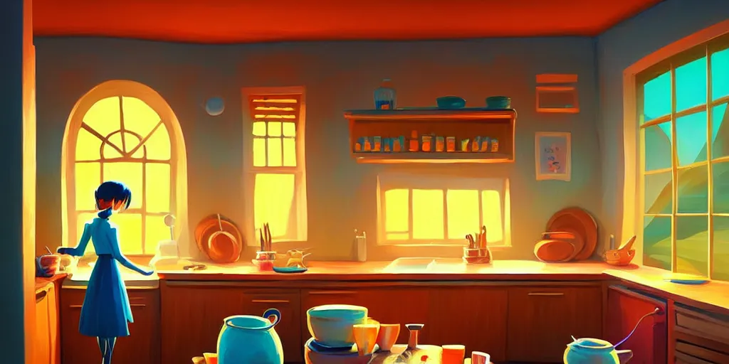 Prompt: spiral lines, naive nerikomi, weird perspective, extra narrow, detailed illustration of a kitchen dimly lit by rhads from lorax movie, trending artstation, true color, fisheye, moonlight