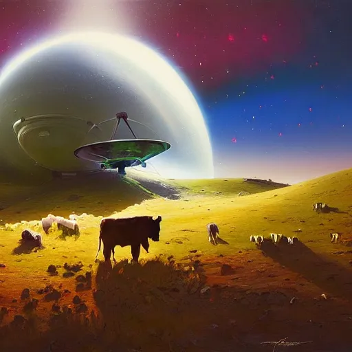 Image similar to ufo over the cow, Bright colors, fantastic landscape, hyperrealism, no blur, 4k resolution, ultra detailed, style of Anton Fadeev, Ivan Shishkin, John Berkey