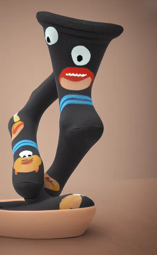 Prompt: live socks with big cute eyes, cute smile and small thin legs and arms, realistic, photo, 8K, photorealistic detailed