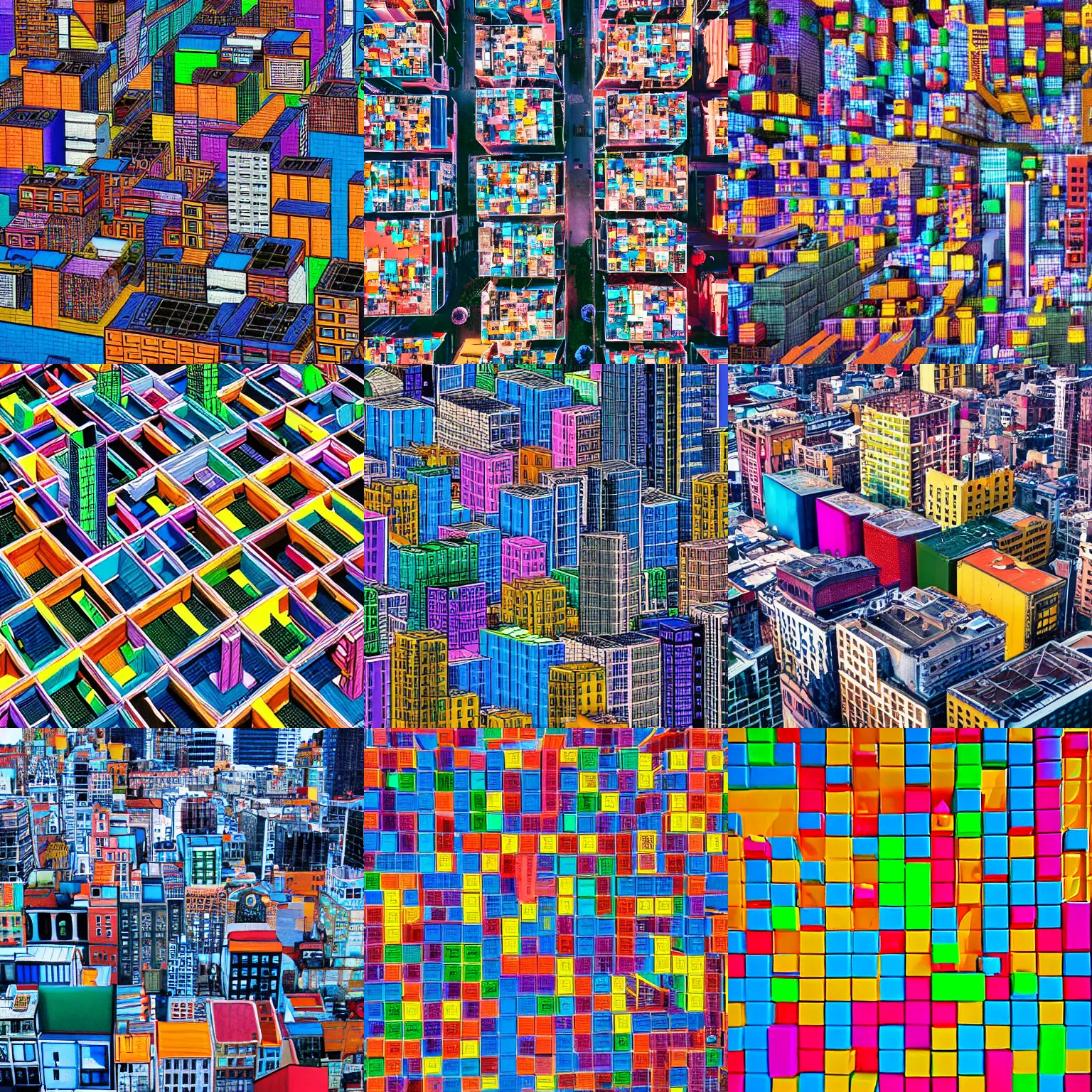 Prompt: city rooftops birds eye view, tetris, colorful