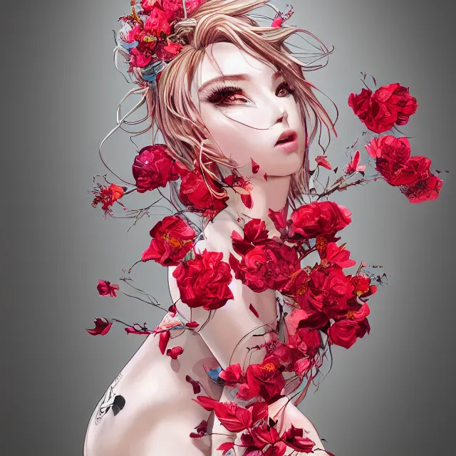 Image similar to studio portrait absurdly beautiful, elegant, graceful, young hypercolorful sensual gravure idol rubies and red petals, ultrafine hyperrealistic detailed face illustration by kim jung gi, irakli nadar, intricate linework, sharp focus, bright colors, matte, octopath traveler, final fantasy, unreal engine highly rendered, global illumination, radiant light, intricate environment