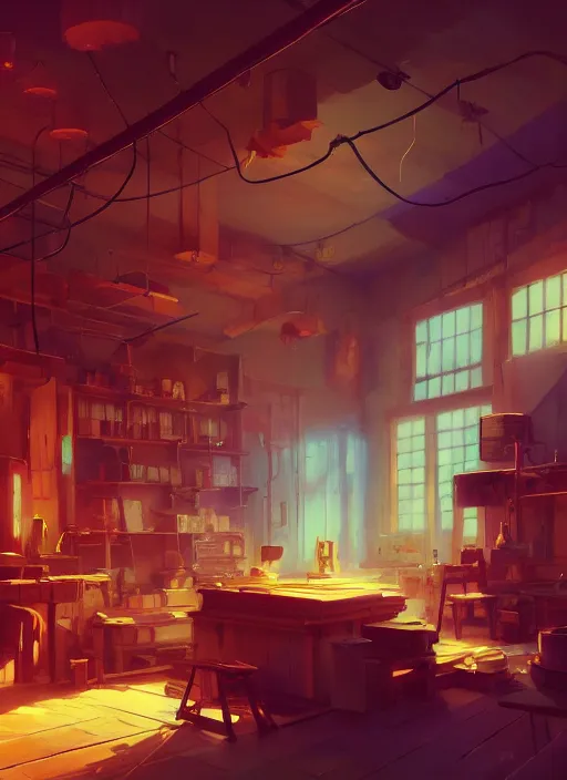 Prompt: beautiful interior of a woodworker shop, james gilleard, delphin enjolras, goro fujita, makoto shinkai, paul lehr, volumetric lighting, octane render, very coherent, trending on artstation