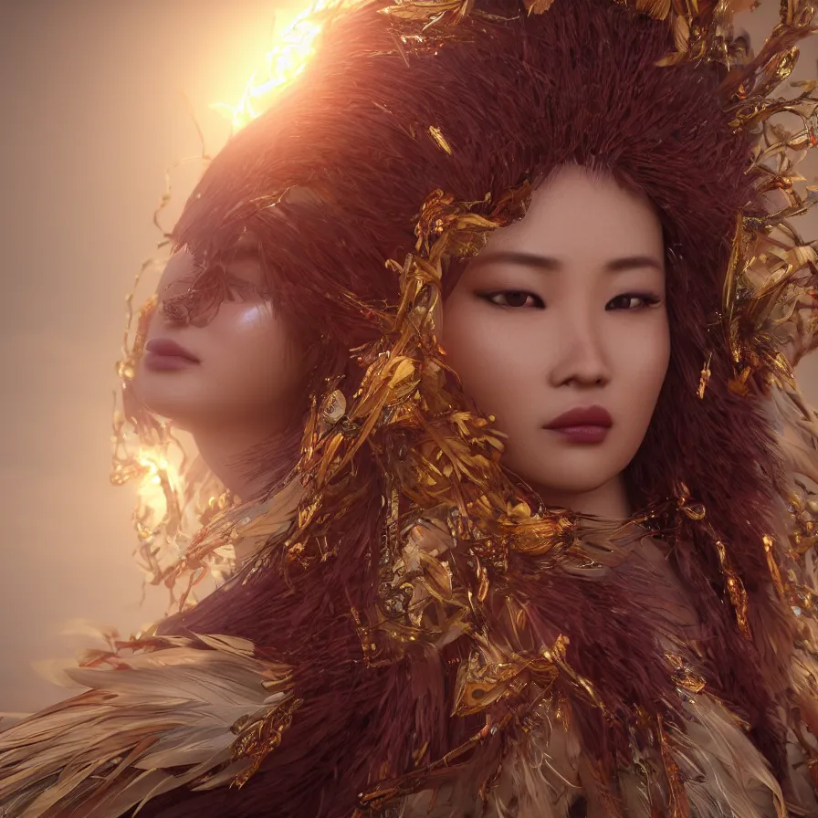 Image similar to closeup photoshoot of single asian goddess of bliss and honey, feathers hair, silk flowing in wind, totemic ritualistic tarot sigils embedded in ruby skin, photoreal, unreal engine, redshift render, trending on artstation