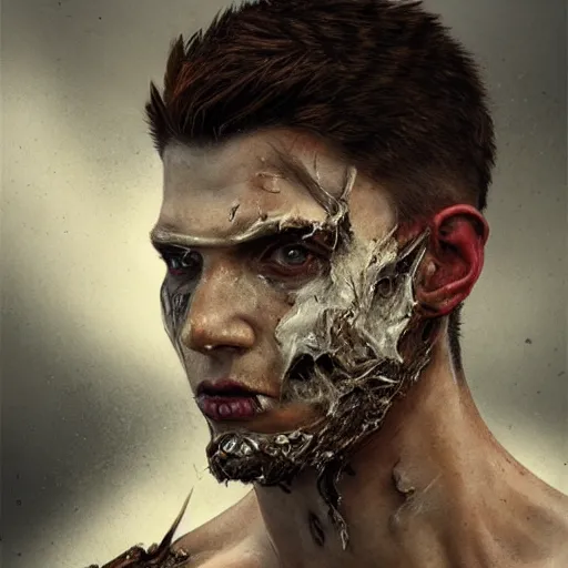 Image similar to portrait painting of a bitter young man with severe burn scars on his face and poorly cut very short hair wearing tattered leather armor, ultra realistic, concept art, intricate details, eerie, highly detailed, photorealistic, octane render, 8 k, unreal engine. art by artgerm and greg rutkowski and charlie bowater and magali villeneuve and alphonse mucha