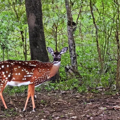Prompt: a beautiful spotted deer in the woods, rocket launchers on the deers back
