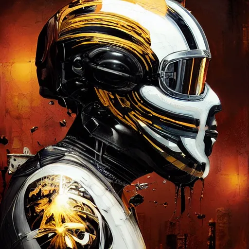 Prompt: a portrait of a melted skull, in an black and gold racing helmet by sandra chevrier, detailed render, epic composition, cybernetics, 4 k realistic, cryengine, realistic shaded lighting, sharp focus, masterpiece, by matteo scalera, gary montalbano, peter elson in the style of the tokyo ghost comic