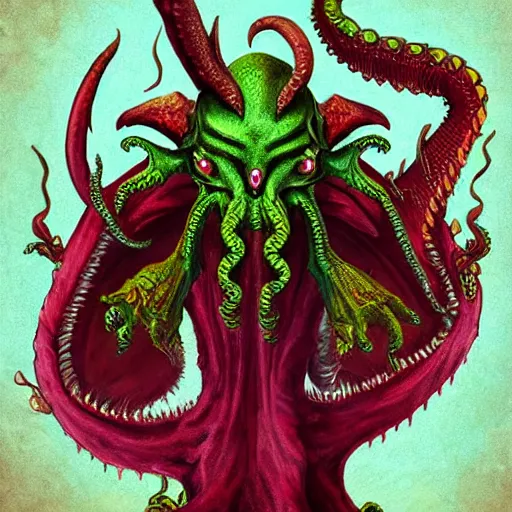 Prompt: the jabberwock wrestling cthulhu. hyperrealistic. high definition. trending on artstation.