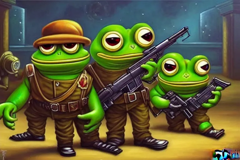 Image similar to portrait of sad pepe the frog and josef stalin with guns fighting a drug cartel, an oil painting by ross tran and thomas kincade