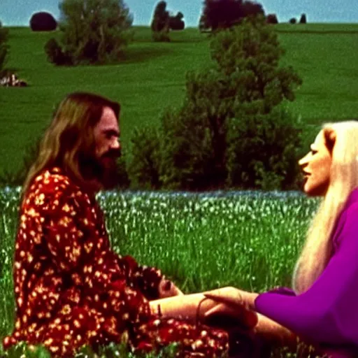 Image similar to 1970 hippie woman on tv show with a long prosthetic nose, wearing a floral robe in a meadow 1970 color archival footage color film 16mm holding a hand puppet Fellini Almodovar John Waters Russ Meyer Doris Wishman