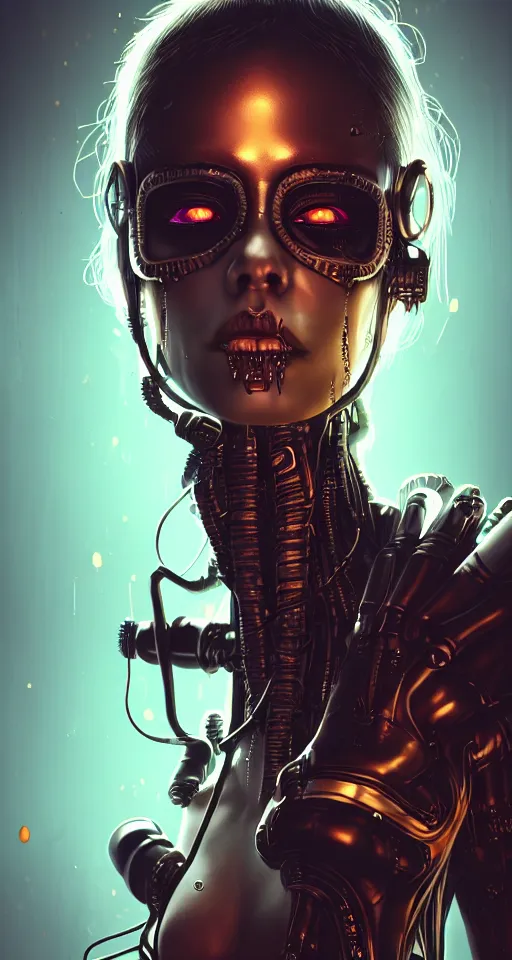 Image similar to soft lustrous ebony dark biotech raver gothic cyborg gutter punk, earbuds, golden ratio, details, scifi, fantasy, cyberpunk, intricate, decadent, highly detailed, digital painting, octane render, artstation, concept art, smooth, sharp focus, illustration, art by artgerm, loish, wlop