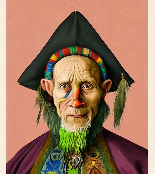 Image similar to Portrait painting in a style of Hieronim Bosch of an old shaman dressed in a colorful traditional clothes.
