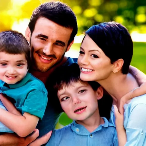 Prompt: a very handsome young family with a happy young boy, scene from a future world where nanotechnology is causing armageddon