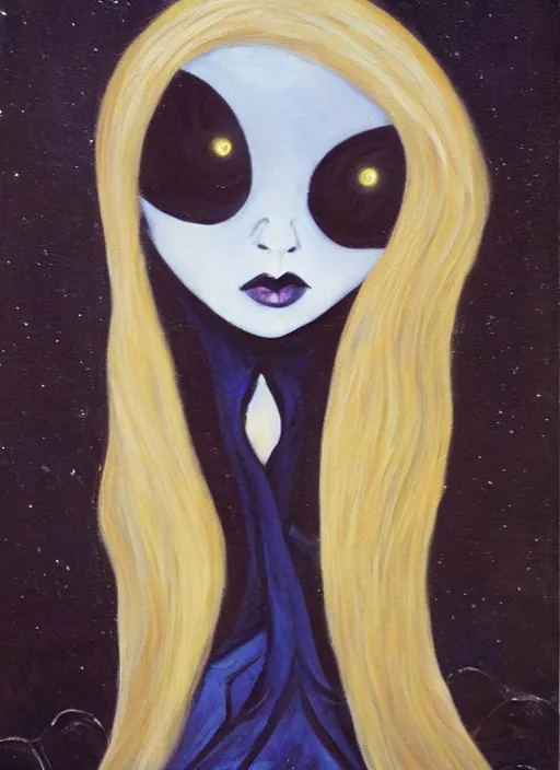 Prompt: portrait of beautiful blonde woman as a Dark evil witch, big moon in the background, oil painting by vampire artist