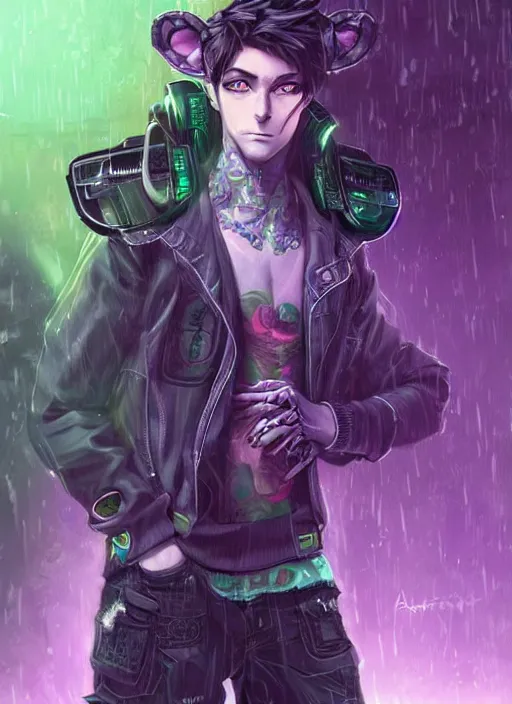 Image similar to award winning beautiful portrait commission of a male furry anthro lion fursona with a cute beautiful attractive detailed furry face wearing stylish black, green and purple cyberpunk clothes in a cyberpunk city at night while it rains. Character design by charlie bowater, ross tran, artgerm, and makoto shinkai, detailed, inked, western comic book art