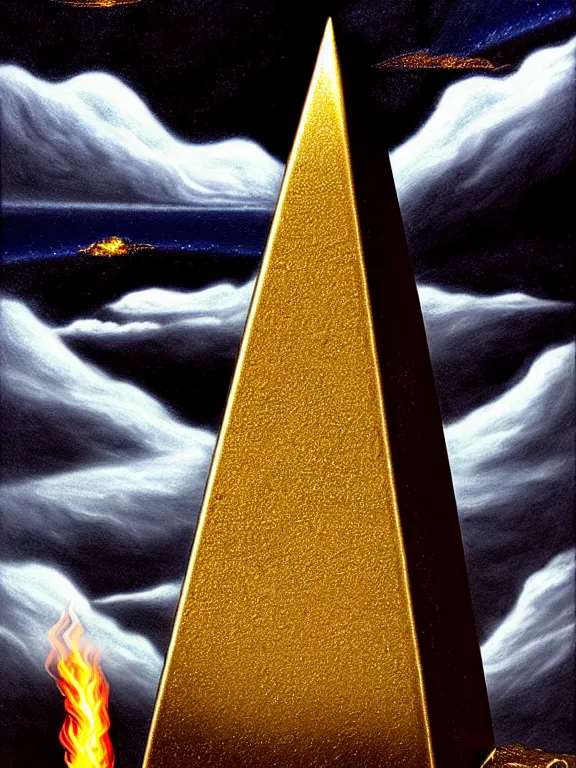 Prompt: savage electric flames of gold and silver engulfing an obsidian obelisk by ed emshwiller, rococo, smoky, beautiful, mythical, mystical, highly detailed, hyperrealistic, energy, low light, high contrast, lifelike, bright sky