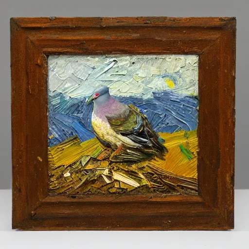 Image similar to oil paint impasto relief, beautiful wood pigeon, multi layered thick brush marks, in the style of ivan shishkin and frank auerbach and van gogh