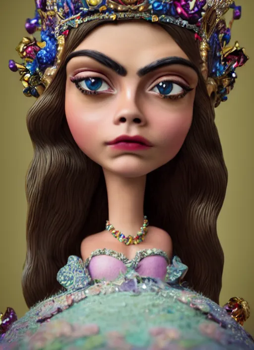Image similar to closeup face profile portrait of tin toy cara delevingne as a fairytale princess wearing a crown eating cakes, bikini, depth of field, zeiss lens, detailed, symmetrical, centered, fashion photoshoot, by nicoletta ceccoli, mark ryden, lostfish, breathtaking, 8 k resolution, extremely detailed, beautiful, establishing shot, artistic, hyperrealistic, octane render
