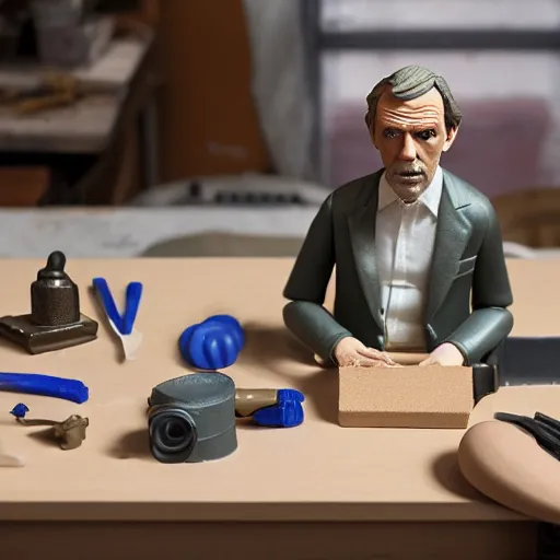 Prompt: product photography of a plasticine action figure hugh laurie on a workbench, depth of field, zeiss lens, detailed, centered, by erwin olaf, joop geesink, wes anderson, breathtaking, 8 k resolution, extremely detailed, beautiful, establishing shot, realistic materials, hyperrealistic