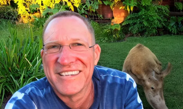 Prompt: My dad Steven Care just took a hit from the bongo and have good time being gracefully relaxed in the garden, sunset lighting