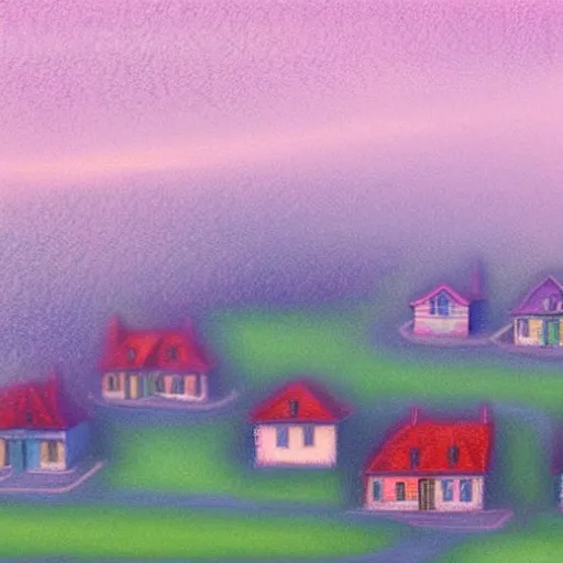 Image similar to suburban american neighborhood on early morning with mist over the houses, painting by best artist in the world, illustration, 4k, high quality, 1980, pastel colors, film grain, cluttered,