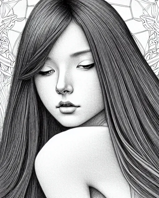 Image similar to ' daydreaming woman with long straight silky hair ', closeup shot of face, beautiful shadowing, soft shadowing, reflective surfaces, illustrated completely, 8 k beautifully detailed pencil illustration, extremely hyper - detailed pencil illustration, intricate, epic composition, masterpiece, bold complimentary colors. stunning masterfully illustrated by artgerm, range murata, alphonse mucha, katsuhiro otomo.