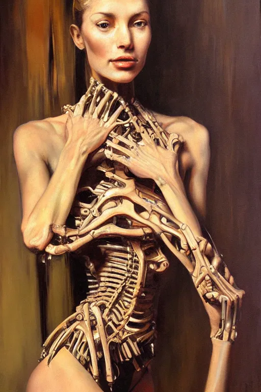 Prompt: beautiful oil painting portrait of biomechanical woman face connected to the machine by phil hale, rembrandt, complex, stunning, realistic skin color, 4 k, high res, awardwinning, masterpiece, realistic lighting