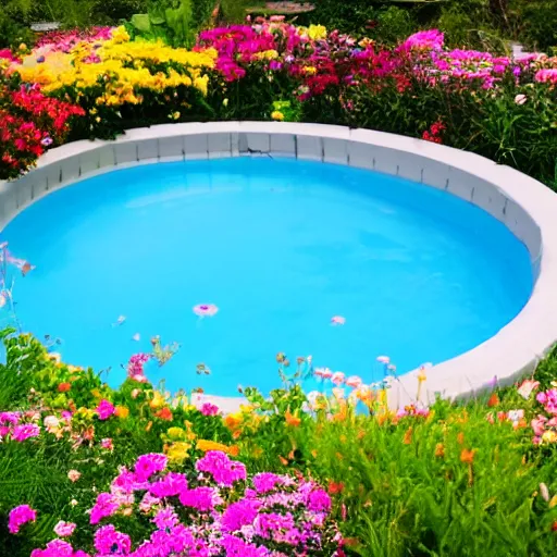 Image similar to swimming pool in the middle of a land of flowers