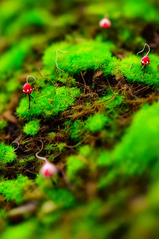 Image similar to pikmin on a mossy forest floor, macro photography