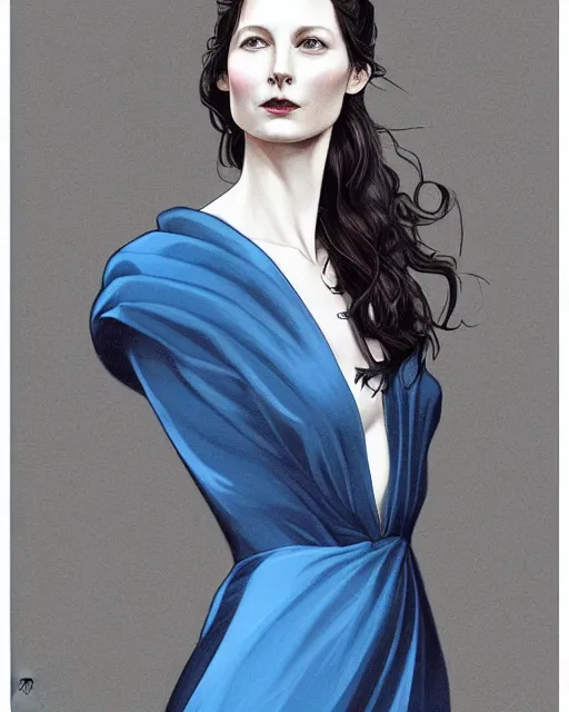 Image similar to in the style of joshua middleton, artgerm, beautiful caitriona balfe, outlander, full body, blue dress, elegant pose, middle shot, spooky, detailed realisitc eyes, detailed realistic eyes, detailed and intricate