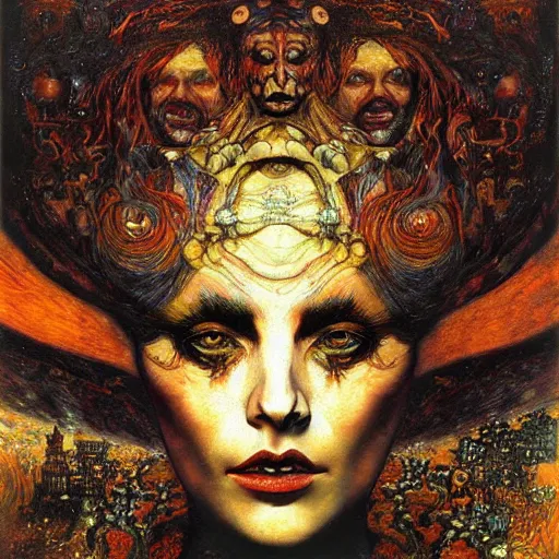 Image similar to Visions of Hell by Karol Bak, Jean Deville, Gustav Klimt, and Vincent Van Gogh, nightmare portrait, infernal, visionary, otherworldly, fractal structures, ornate gilded medieval icon, third eye, hellfire, spirals, horror