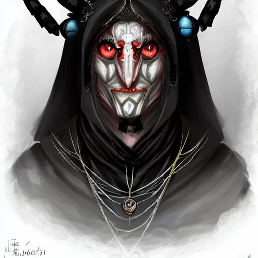 Image similar to head & shoulder portrait of an anthropomorphic spider wearing a black robe and lots of amulets and rings. d & d character commission, anoli pathfinder, trending on artstation