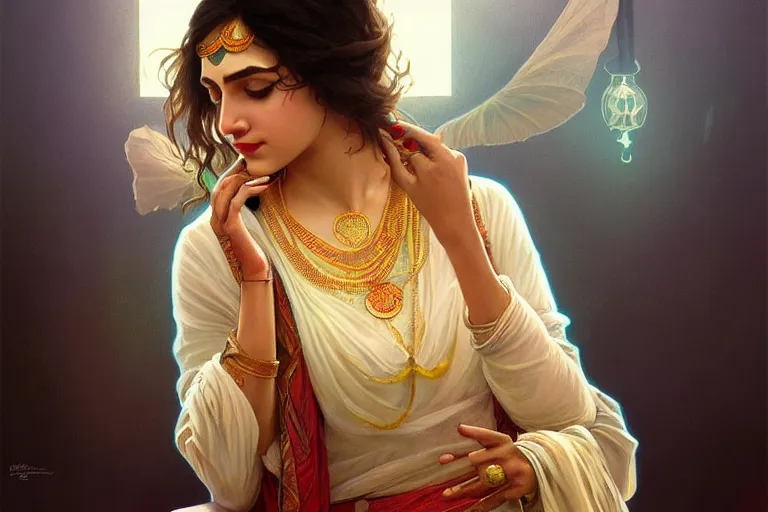 Image similar to Beautiful pale young Indian doctor partying in Texas, portrait, elegant, intricate, digital painting, artstation, concept art, smooth, sharp focus, illustration, art by artgerm and greg rutkowski and alphonse mucha