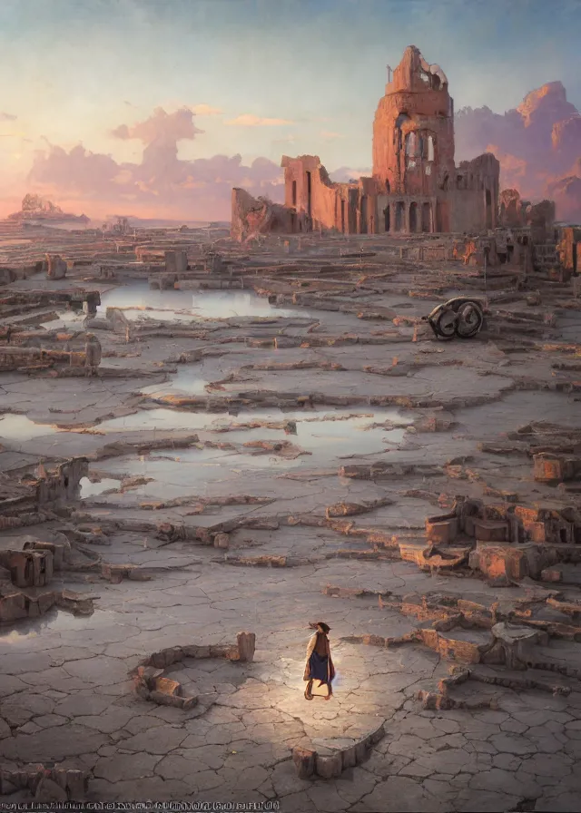 Prompt: salt flats with scattered ruins, mirage, extremely detailed oil painting, unreal 5 render, rhads, sargent and leyendecker, savrasov levitan polenov, bruce pennington, studio ghibli, tim hildebrandt, digital art, landscape painting, octane render, beautiful composition, trending on artstation, award winning photograph, masterpiece