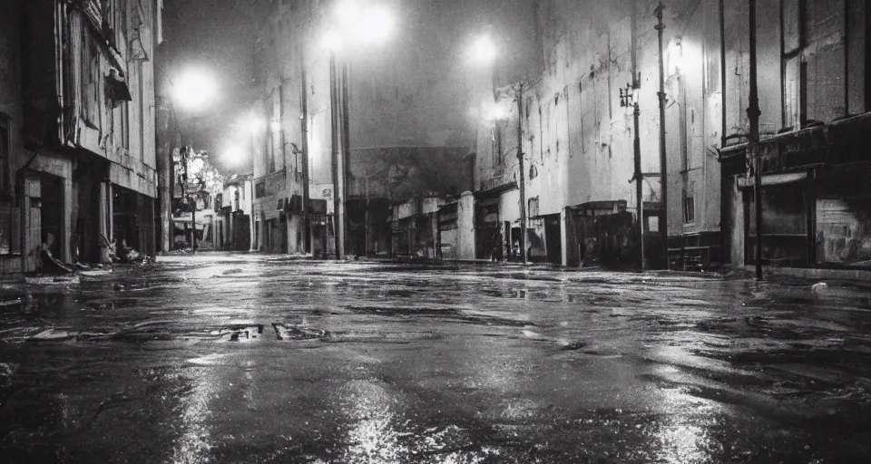 Image similar to a cinestill photo of an abandoned city street, wet streets, nighttime