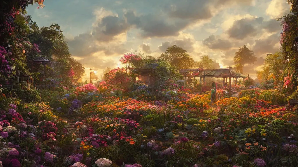 Image similar to a photorealistic hype realistic render of an interior of a beautifully decorated flower garden by pixar, greg rutkowski, wlop, artgerm, dramatic moody sunset lighting, long shadows, volumetric, cinematic atmosphere, octane render, artstation, 8 k