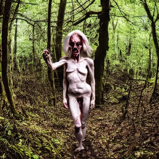 Image similar to horror, photography, pale, rotten figure, bony, grinning, walking through undergrowth in a dense forest in daytime, wide eyes