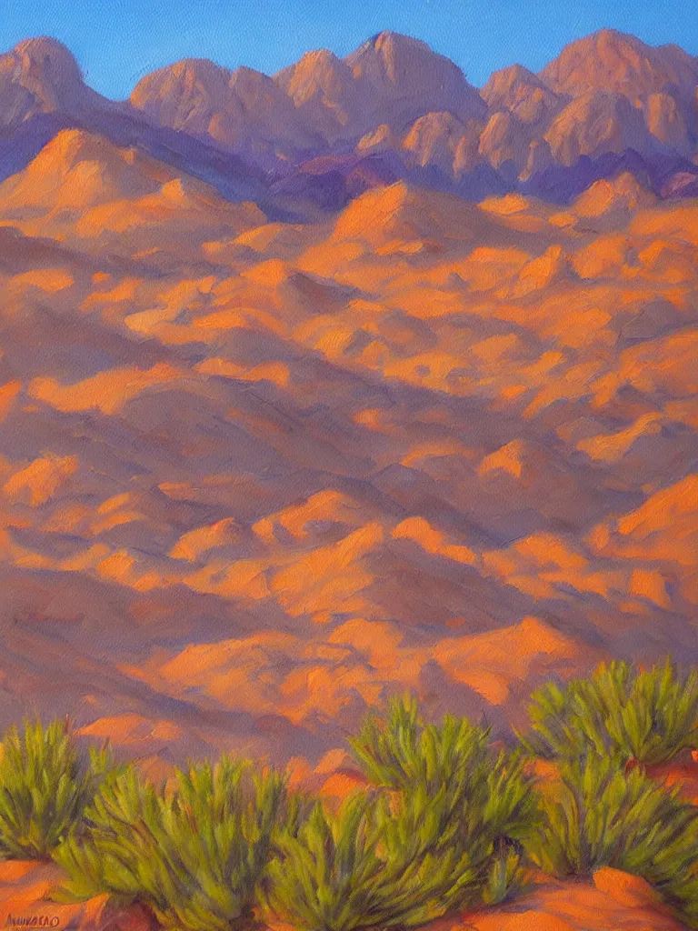 Prompt: beautiful oil painting of a desert rocks mountains in the distance by Mark Maggiori