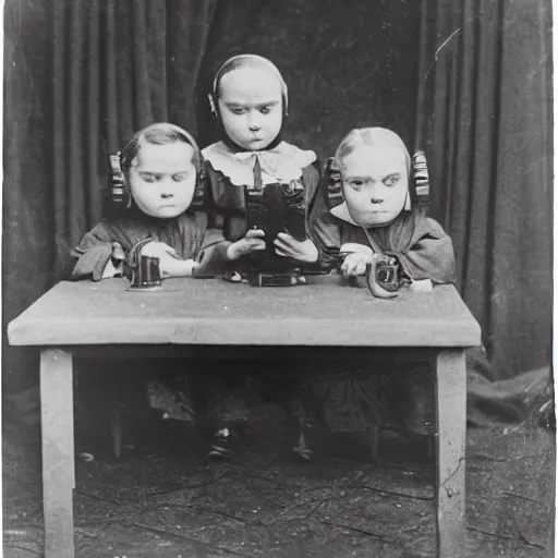 Prompt: vintage photograph of poor victorian orphans on cellphones