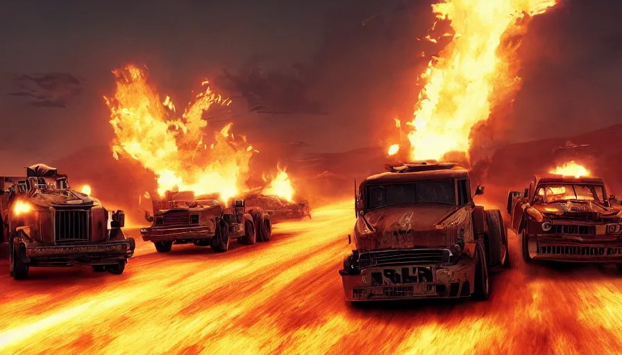 Prompt: Flaming trucks racing in Mad Max, hyperdetailed, artstation, cgsociety, 8k
