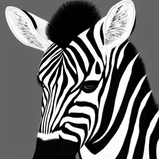 Prompt: A black and white zebra with a rainbow mane drawn in a realistic style. portrait, majestic, 8k
